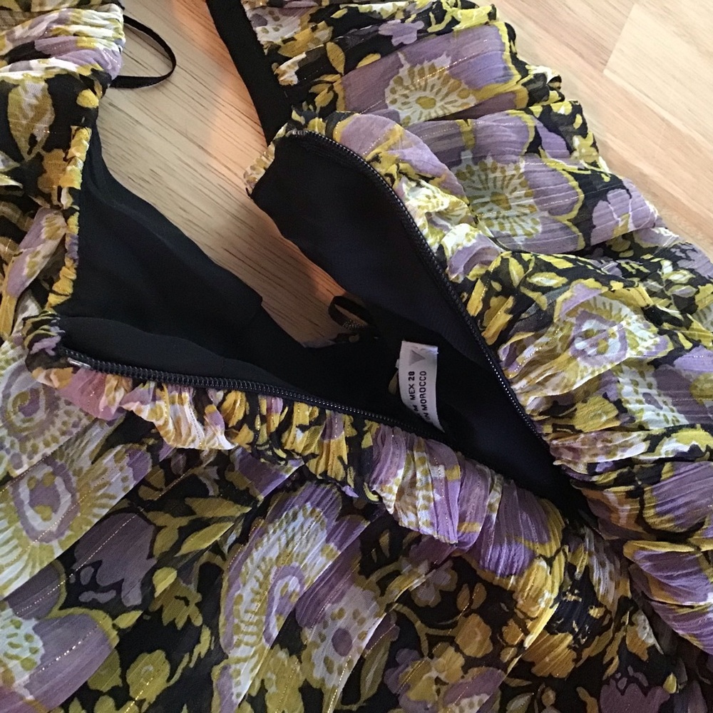 Zara Floral Metallic Ruched One Shoulder Mini Dress Size XS - Picture 11 of 13